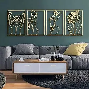 Glamativity 4 Pack Gold Wall Art Decor, Minimalist Single Line Real Metal Wall Art, Woman's Body Shape Abstract Wall Art (Gold Classic Style, 17 x 11.8'')