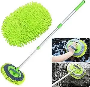 2 in 1 Chenille Microfiber Car Wash Mop Mitt with 46" Aluminum Alloy Long Handle,Car Cleaning Kit Brush Duster,Scratch Free Cleaning Tool Dust Collector Supplies, 2Pcs Mop Head(Green)