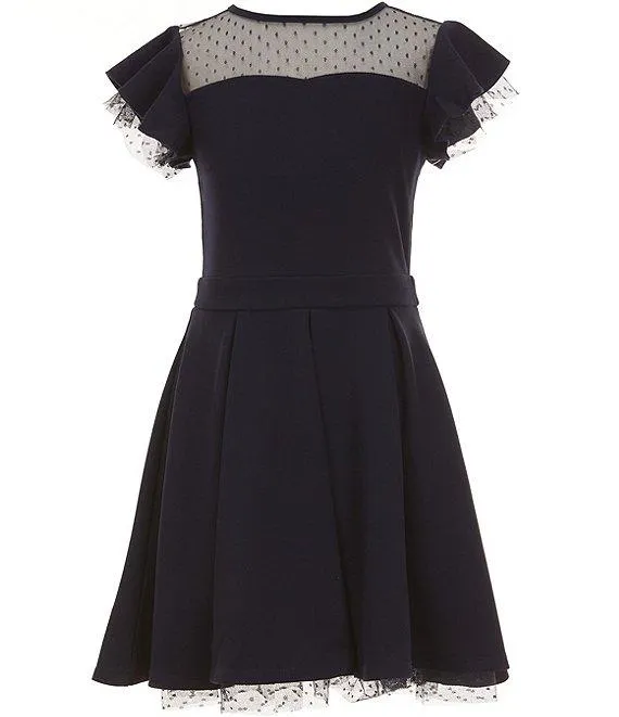 Big Girls Flutter Sleeve Dotted Mesh Fit-And-Flare Dress