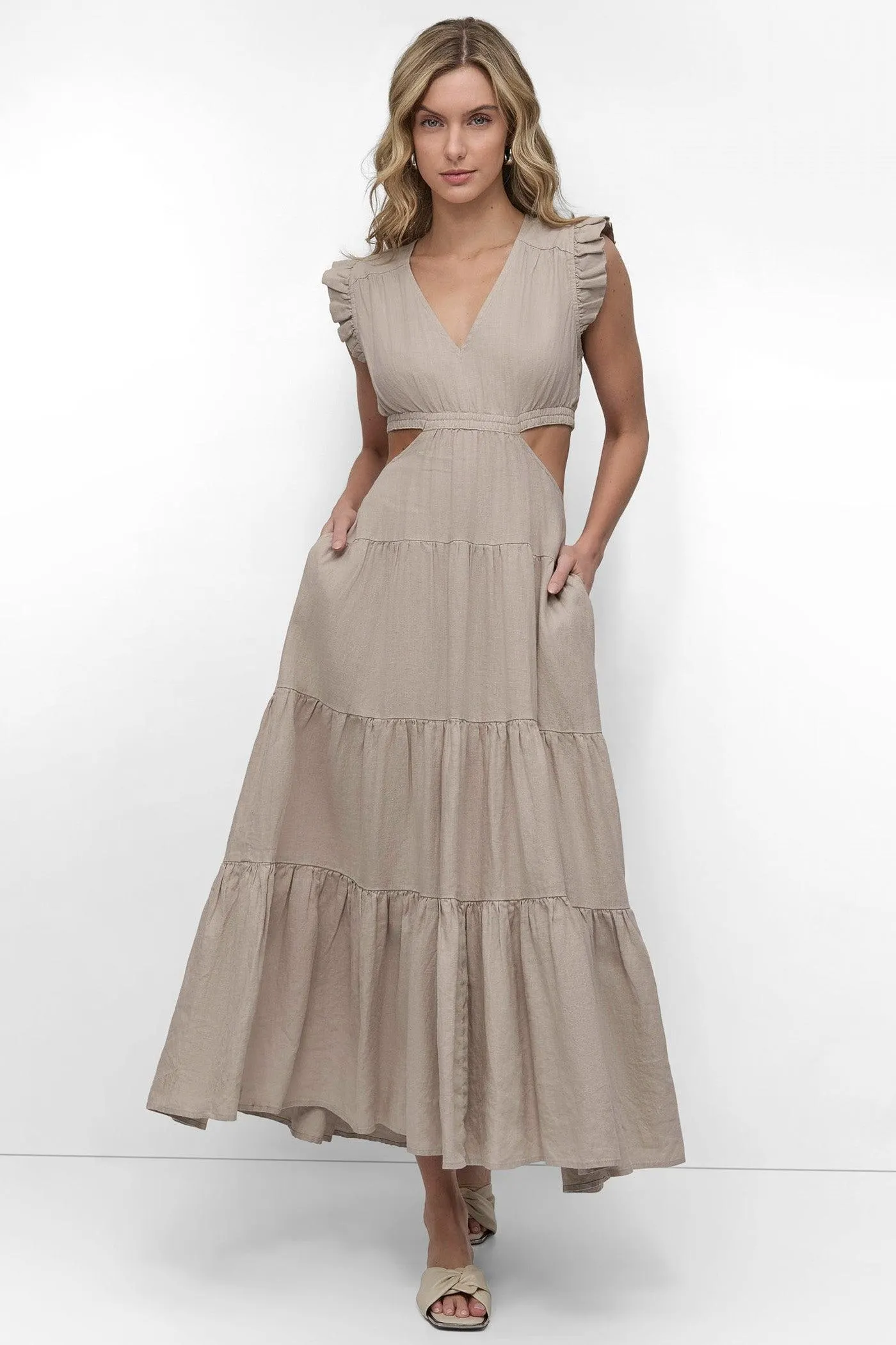 LINEN TIERED V-NECK CUTOUT DRESS WITH RUFFLE SLEEVES