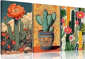 Framed Mexican Cactus Floral Wall Art Set of 3, Boho Southwest Succulent Wall Art Decor, Tropical Botanical Cactus Desert Art Painting Picture for Bathroom, Living Room, Bedroom