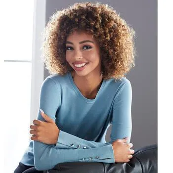 Petite Retrology Crew Neck Button Sleeve Side Slit Sweater