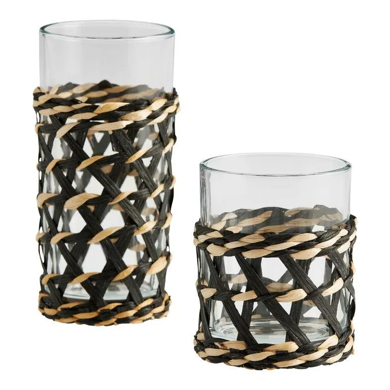 Black And Natural Fiber Wrapped Bar Glass Set of 2
