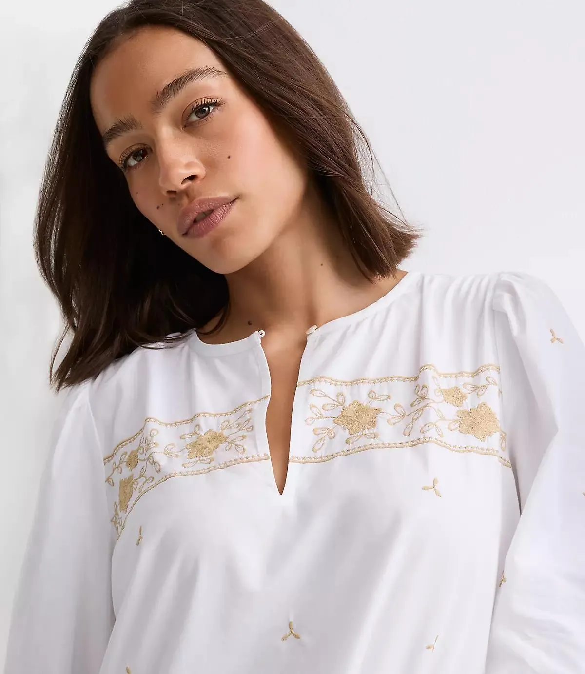 Floral Embroidered Split Neck Blouse