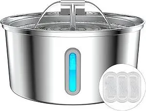 Cat Water Fountain Stainless Steel, 0.8gal/108oz Pet Water Fountain, 3 Replacement Filters, Automatic Cat Fountain with Quiet Pump Suitable for Cats, Dogs and Multi-pet households (Window)