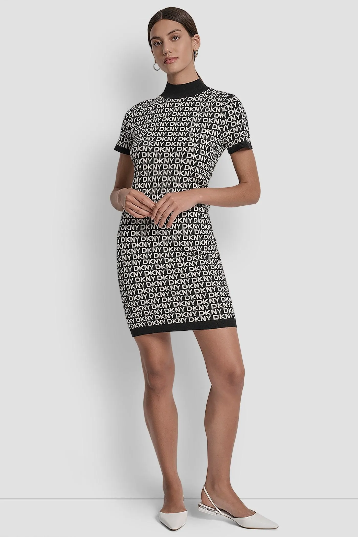 LOGO JACQUARD BALLET SLEEVE MOCK NECK SHORT DRESS