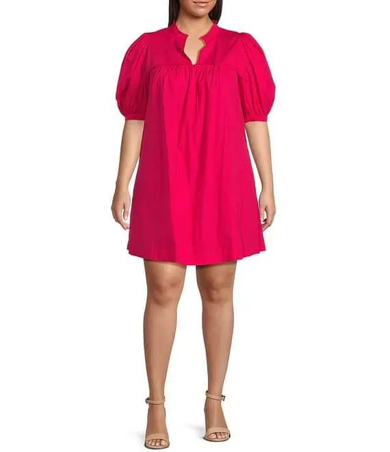 Plus Size V-Neck Short Puffed Sleeve Mini Dress