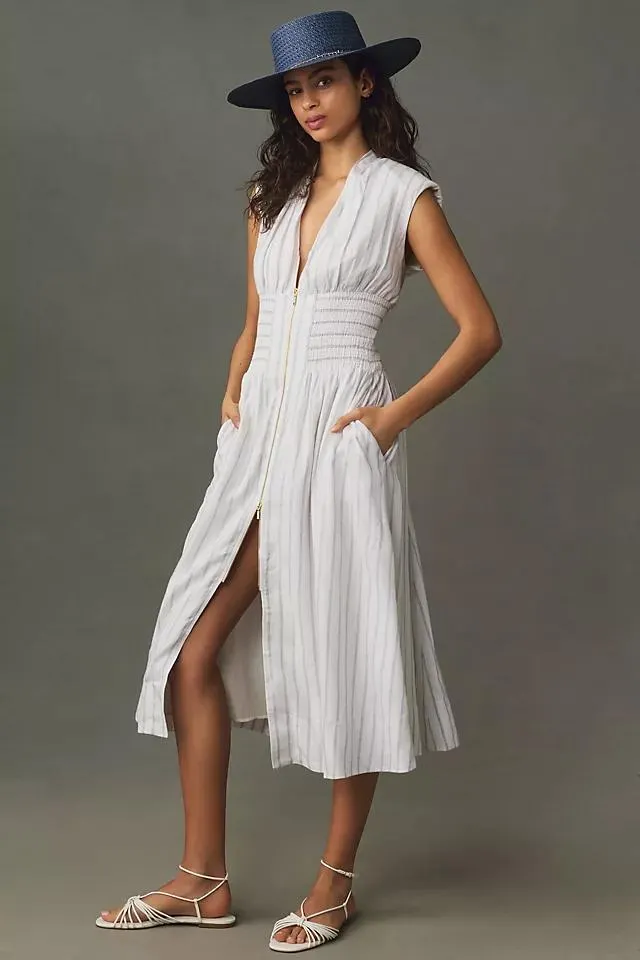 The Tommie Cap-Sleeve Smocked Front-Zip Shirt Dress: Linen Edition