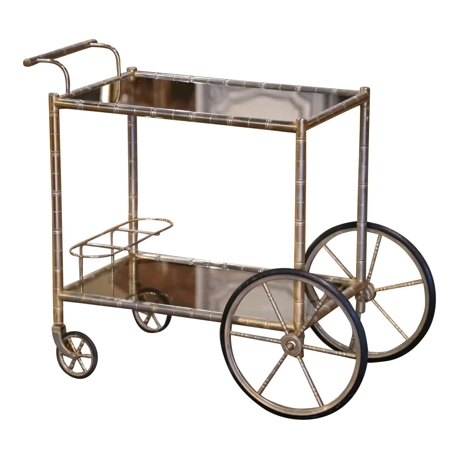 Early 20th Century French Silvered Brass Faux Bamboo Bar Cart Bagues Style