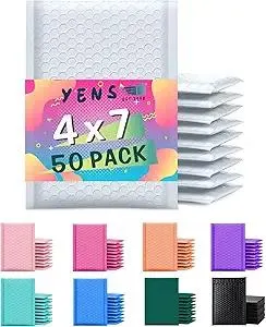 Yens Poly Bubble Mailers 4x8 50 Pack White Waterproof Self Seal Adhesive Shipping Bags, Cushioning Padded Envelopes for Shipping, Mailing, Packaging Usable 4x7