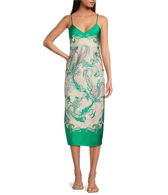 Harper Satin Printed V-Neck Sleeveless Slip Midi Dress