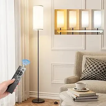 Floor Lamp for Living Room, Modern Standing lamp with Remote Control, Stepless Dimmable 9W Bulb & Beige Lampshade Included, Black Pole Tall Floor Lamp for Bedroom Office