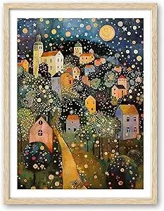 HesenDot Natural OAK Wood Frame Wall Art,12x16in Gustav Klimt Style Moon Stars Tree Canvas Print Posters Art,Village Night Wall Decor for Living Room Bedroom Home, Set of 1