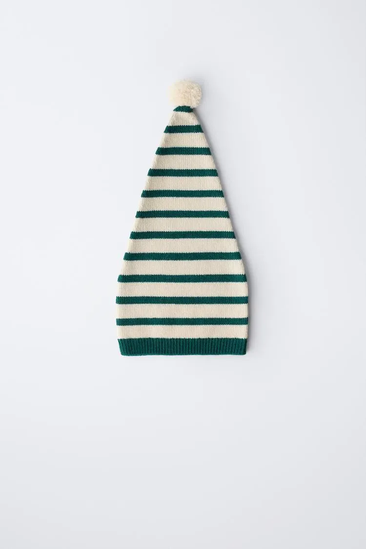 0 MONTHS - 14 YEARS/ STRIPED KNIT HAT WITH WOOL POMPOM