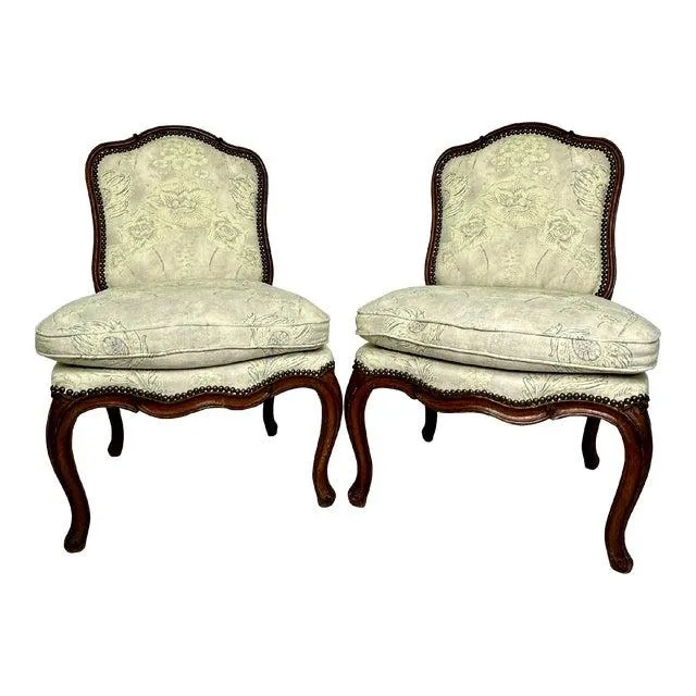 French Slipper Chair Carved Exposed Frame Floral Linen - a Pair