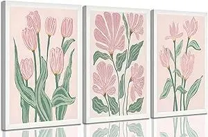 3 Pcs Pink Tulips Flowers Canvas Wall Art Boho Pink and Green Abstract Floral Botanical Paintings Pictures Wall Decor Poster Print Artwork for Living Room Bedroom Home Decoration Unframed