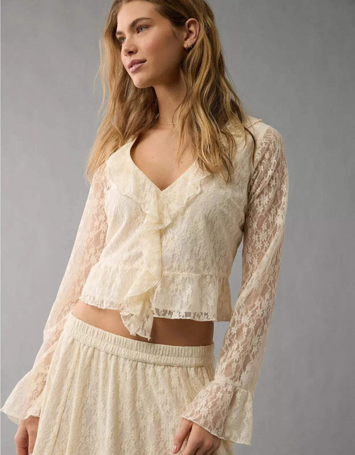 AE Lace Bell Sleeve Ruffle Blouse
