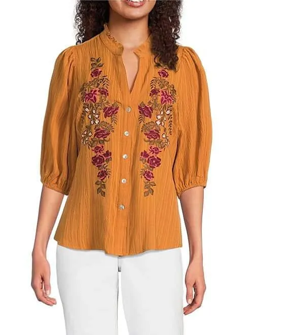 Embroidered Floral Split V-Neck 3/4 Sleeve Button Front Tunic