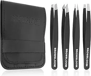 4Piece Set of Professional Tweezers for Women Facial Hair, Black Stainless Steel Precision Tweezer for Ingrown Hair, Eyebrow Tweezers for Men Comes in Carrying Pouch (Black Set)