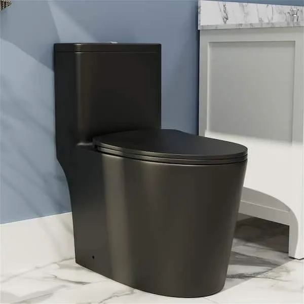 One-piece 1.1 GPF/1.6 GPF Dual Flush Elongated Toilet in Black Slow-Close, Seat Included