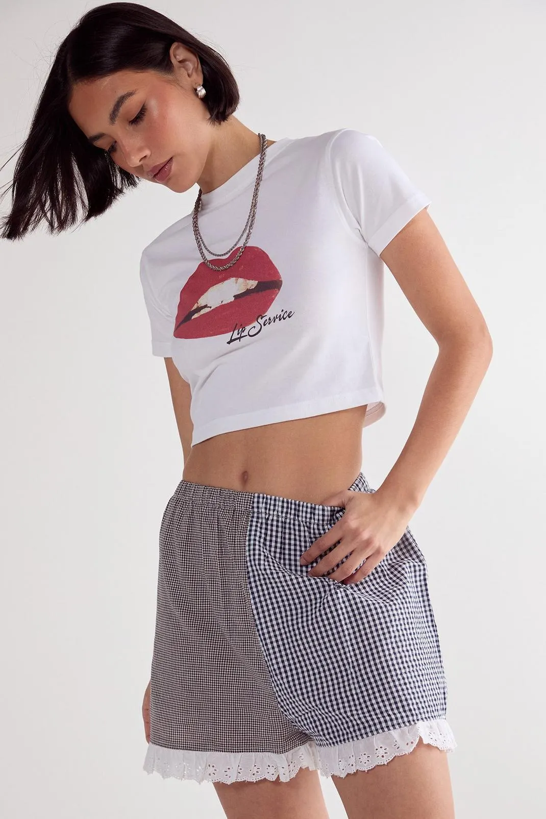 Gingham Mix Broderie Ruffle Hem Shorts