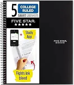 Five Star Spiral Notebook + Study App, 5 Subject, College Ruled Paper, 8-1/2" x 11", 200 Sheets, Fights Ink Bleed, Water Resistant Cover, Black (72081)