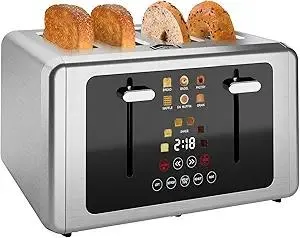 4 Slice Toaster, Touchscreen & Dual Independent Control Panel,5 Basic Functions & Digital Countdown Toasters, 6 Shade Settings&6 Bread Types, Smart Bread Maker Mute/Screen-Off,Gray