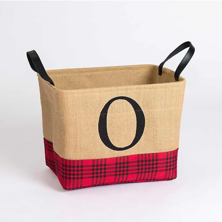 Monogrammed O Red and Black Plaid Jute Bin