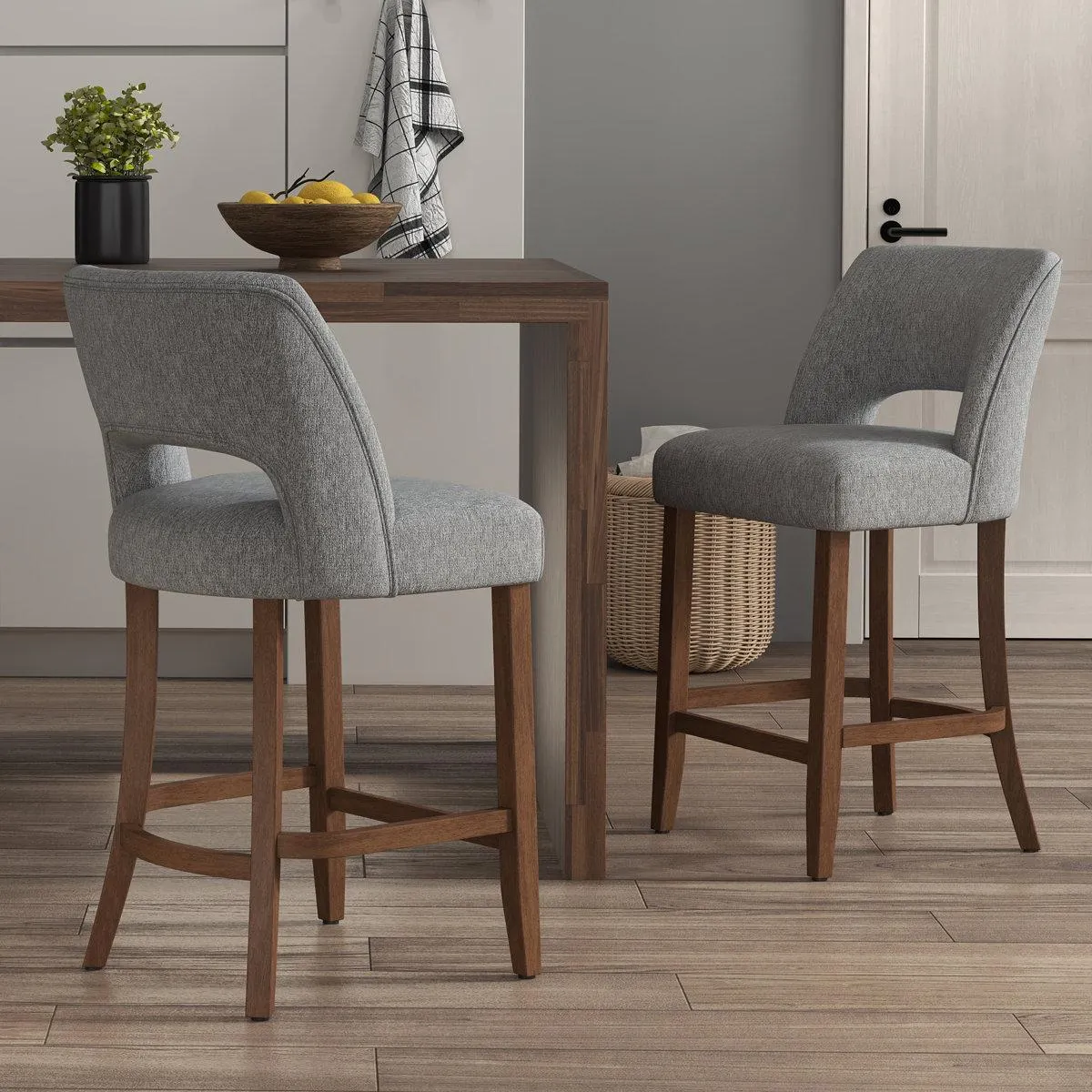 Bisto Upholstered Counter Height Bar Stool with Solid Wood legs (Set of 2)