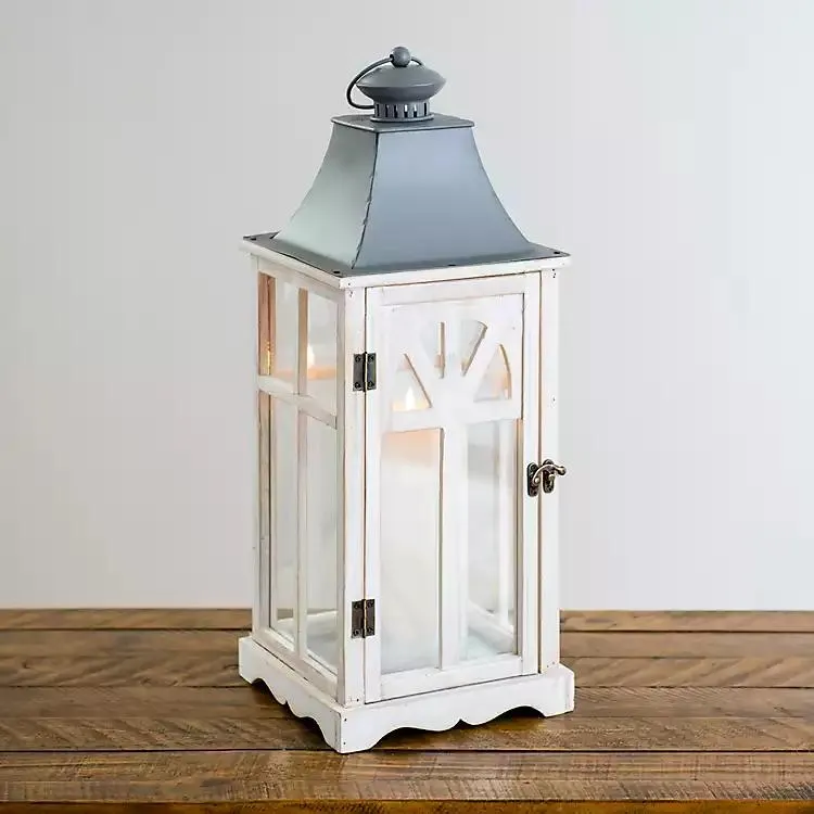 White Wash Wooden Lantern, 21 in.