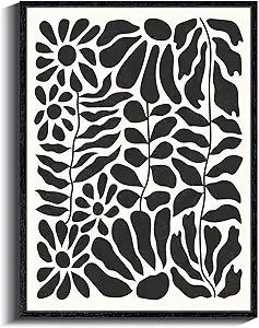 ARPEOTCY Black Framed Canvas Wall Art, Abstract Floral Black and White Wall Art Decor, Vintage Botanical Floral Pictures Home Decor, Mid Century Canvas Paintings Artwork for Bedroom Living Room 12x16inch