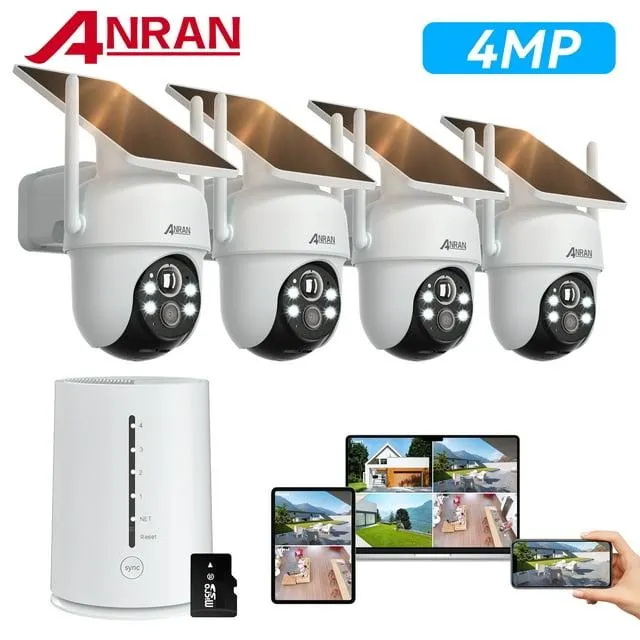 ANRAN 2K/4MP Solar Security Camera with Base Station, Spotlight, Expandable Local Storage, No Monthly Fee, 360° View Wireless Outdoor Camera, Waterproof PIR Detection, Home Surveillance System Camera