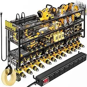 49.5" W Large Power Tool Organizer Wall Mount with Charging Station, 4-Tier Heavy Duty12 Cordless Drills Holder Load 600 lb, Tool Battery Storage Rack Built in 8 Outlet Power Strip for Garage