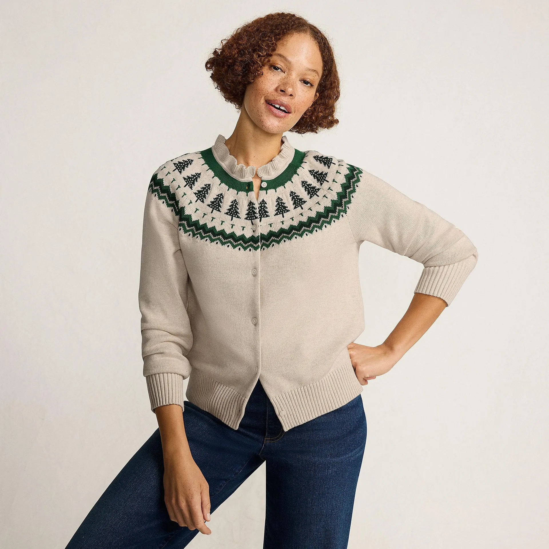 Women's Drifter Lurex Ruffle Neck Jacquard Cardigan Sweater