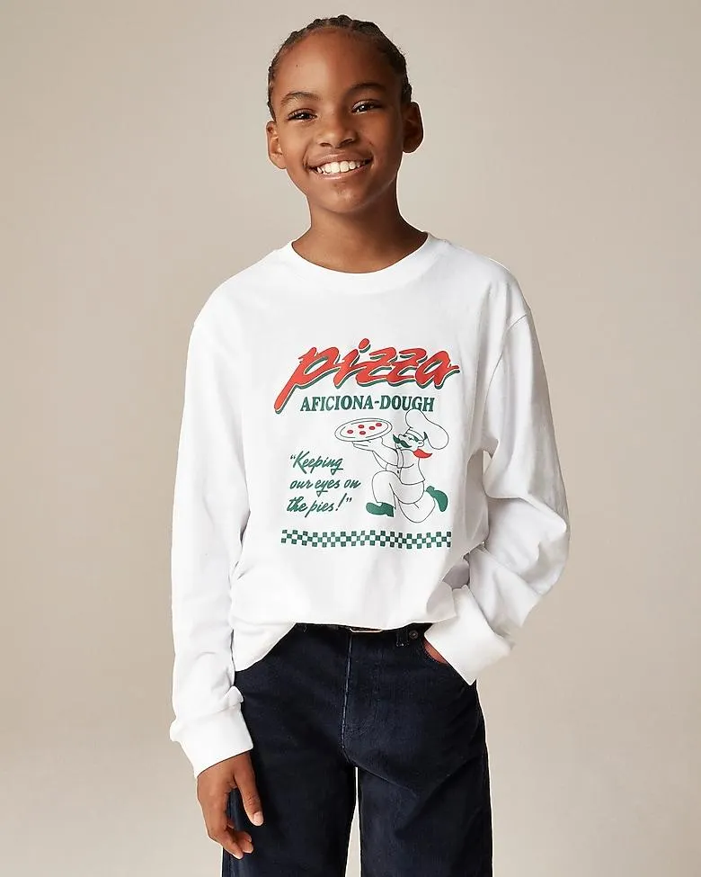 Kids' long-sleeve "Pizza aficiona-dough" graphic T-shirt
