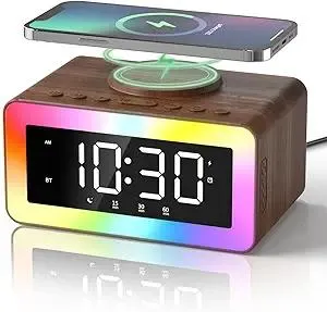 Alarm Clock with Wireless Charging, White/Brown Noise Sound Machine, Bluetooth Speaker Night Light, Wooden Digital Alarm Clocks for Bedrooms,Wireless Charger for iPhone, Birthday Gifts for Men Women