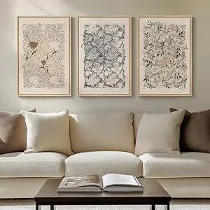 Framed William Morris Canvas Wall Art for Living Room, Set of 3 Large Neutral Floral Botanical Prints, Vintage Rustic Boho Pictures for Bedroom Hallway Office, 16x24 Inch