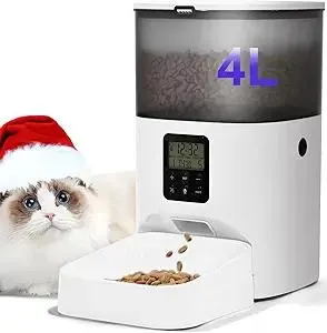 Automatic Cat Feeder, 4L Cat Food Dispenser with 10s Voice Recorder, Pet Feeder up to 8 Meals per Day, Timed Dog Feeder with Dry Food Sealed Ring (White, 4L-Basic)