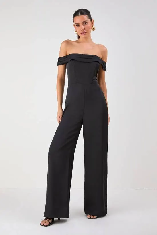 Satin Bardot Wide Leg Jumpsuit