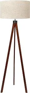 LEPOWER Wood Tripod Floor Lamp, Mid Century Standing Lamp, Modern Design Studying Light for Living Room, Bedroom, Study Room and Office, Flaxen Linen Shade with E26 Base Brown