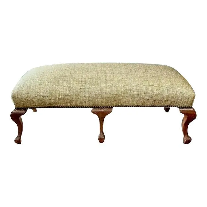 Antique Cabriolet Leg Ball and Pad Foot Bench in a New Raffia Upholstery With Nail Heads