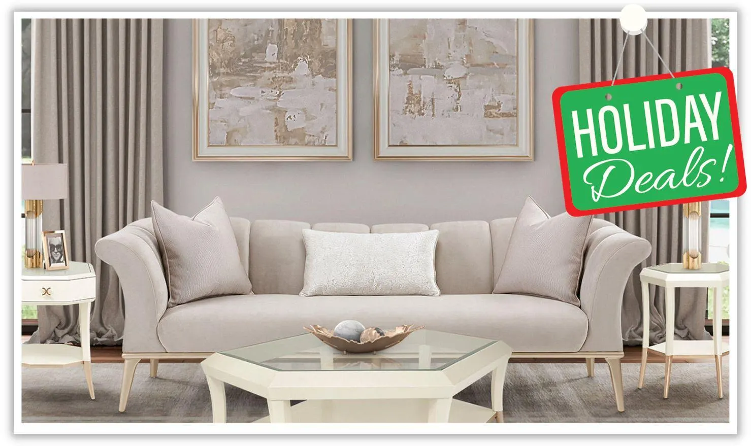 AICO Yvette 3-Seater Tufted Fabric Sofa with Rolled Arms in Medium Champagne