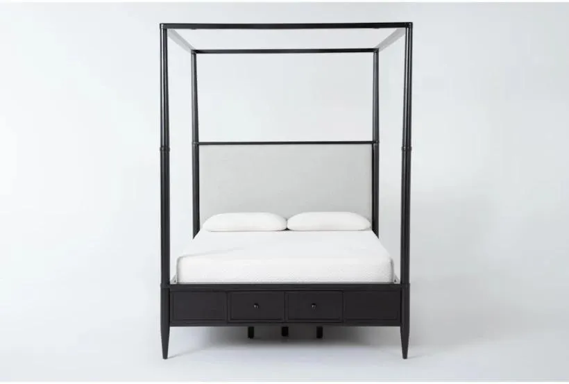 Austen Black Queen Wood & Upholstered Platform Canopy Bed With Footboard Storage