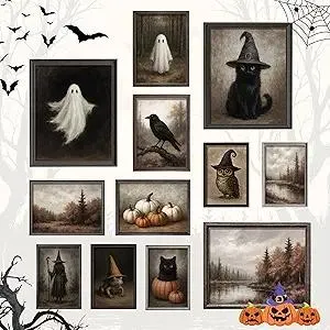97 Decor Vintage Halloween Wall Art Prints - Ghost Pictures Wall Decor For Bedroom, Witchy Posters For Room Aesthetic, Dark Gothic Art Black Cat Painting, Fall Halloween Decorations Indoor (UNFRAMED)