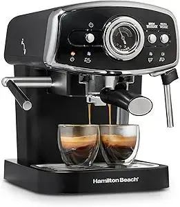 Hamilton Beach Slide & Lock Espresso Machine With Milk Frother Steam Wand For Cappuccino & Latte, 15 Bar Pump and Two Spouts, Removable Reservoir, Compact, Retro Design, Black (40730)