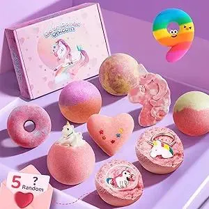 Kids Bath Bombs with Surprise Inside,9 Pack Unicorn Bath Bombs for Girls-5 with Surprise Toys,Including Jewelry Toys,Natural Organic Kids Bubble Bath with Fruity Scents,Relaxing Aromas,Birthday Gift