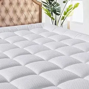 MATBEBY Queen Size Mattress Pad - Cooling Breathable Mattress Topper, Quilted Fitted Mattress Protector, Pillow Top Mattress Cover with 8-21" Deep Pocket, Soft, Machine Washable, White, 60x80 Inches