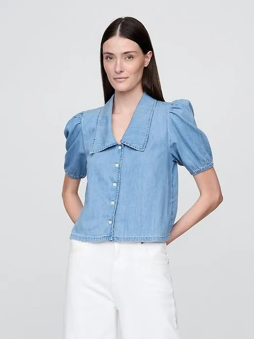 Denim Puff-Sleeve Collared Shirt