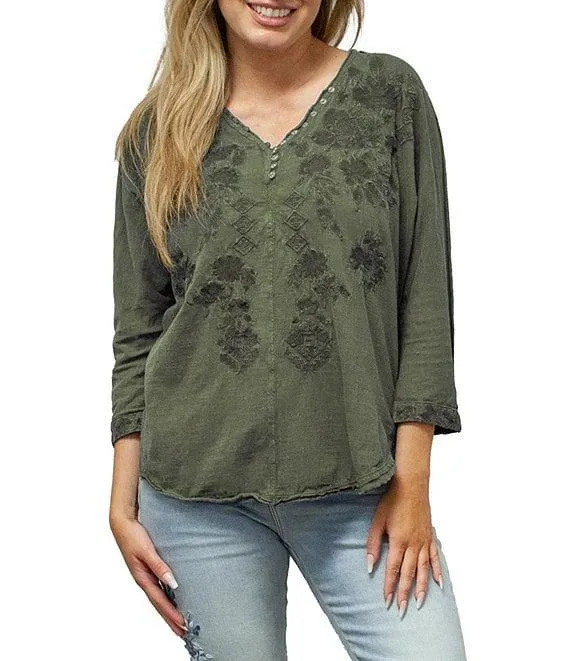 Lanna Tonal Embroidered Button V-Neck Henley 3/4 Dolman Sleeve Top