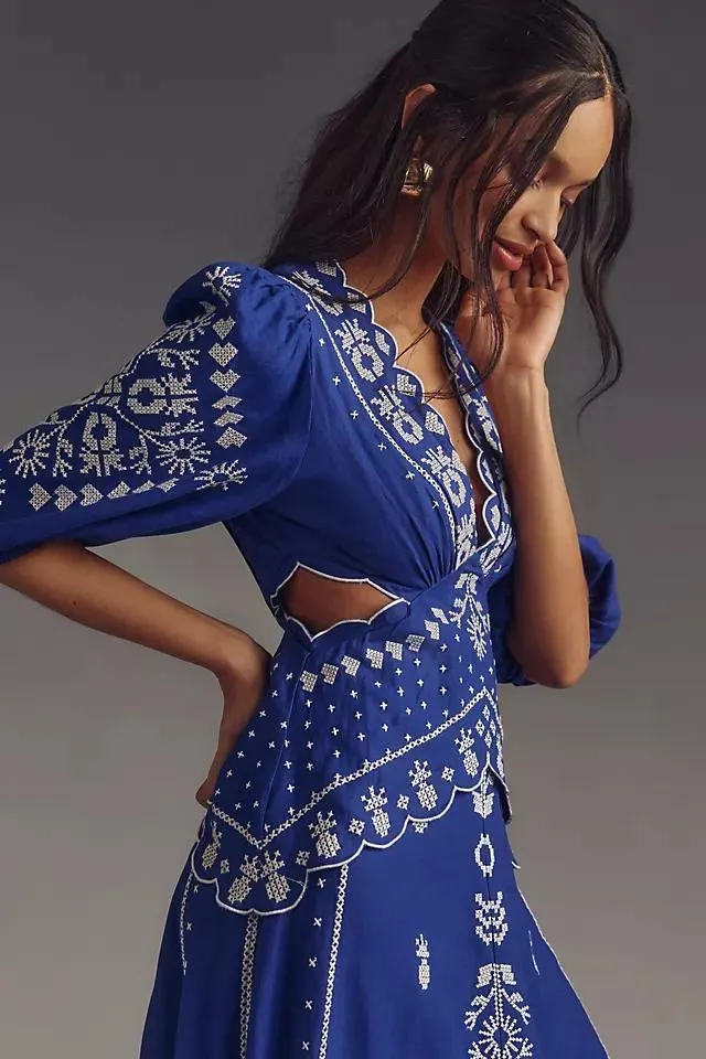 Farm Rio Embroidered Puff-Sleeve Cutout Midi Dress